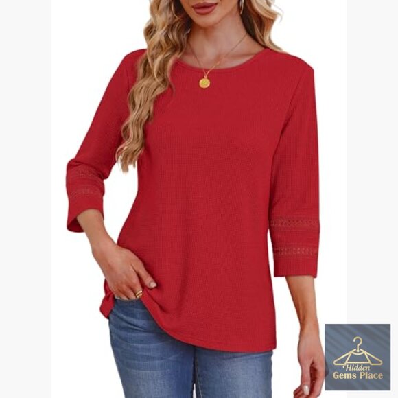 Plus Size Lace Crochet Blouse 3/4 Sleeve Waffle Knit Dressy Casual Top - Picture 4 of 7